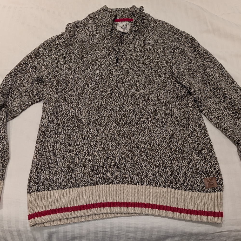 Roots Black and White Zip Up Sweater with Red Accent